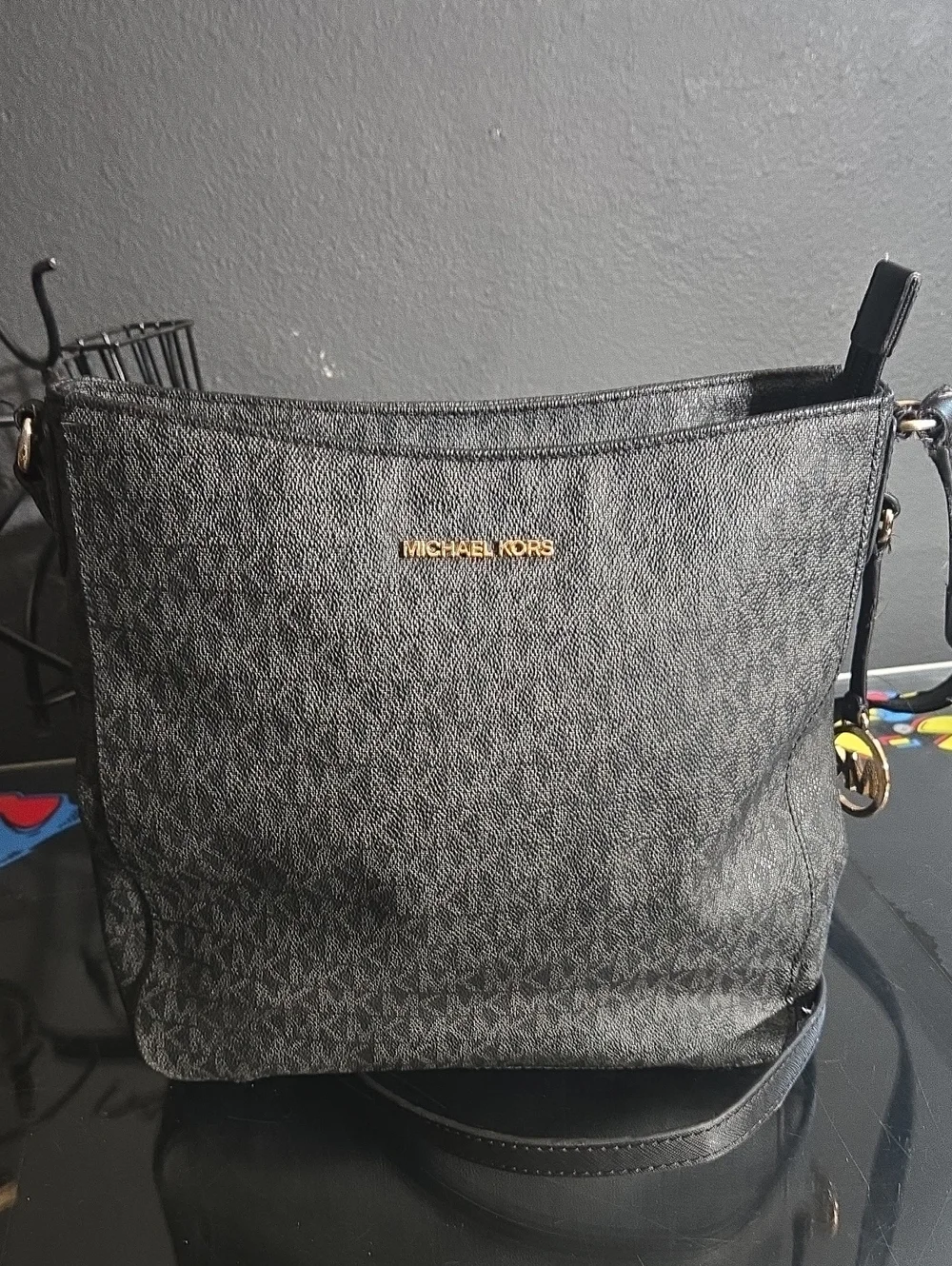 Michael Kors Black and Gold MK Monogram Crossbody Bag
